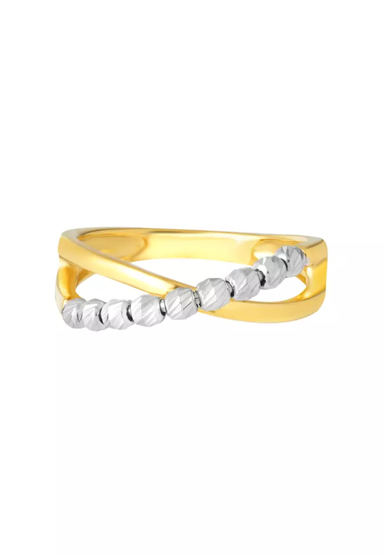 TOMEI Criss-Cross White Beads Ring, Yellow Gold 916