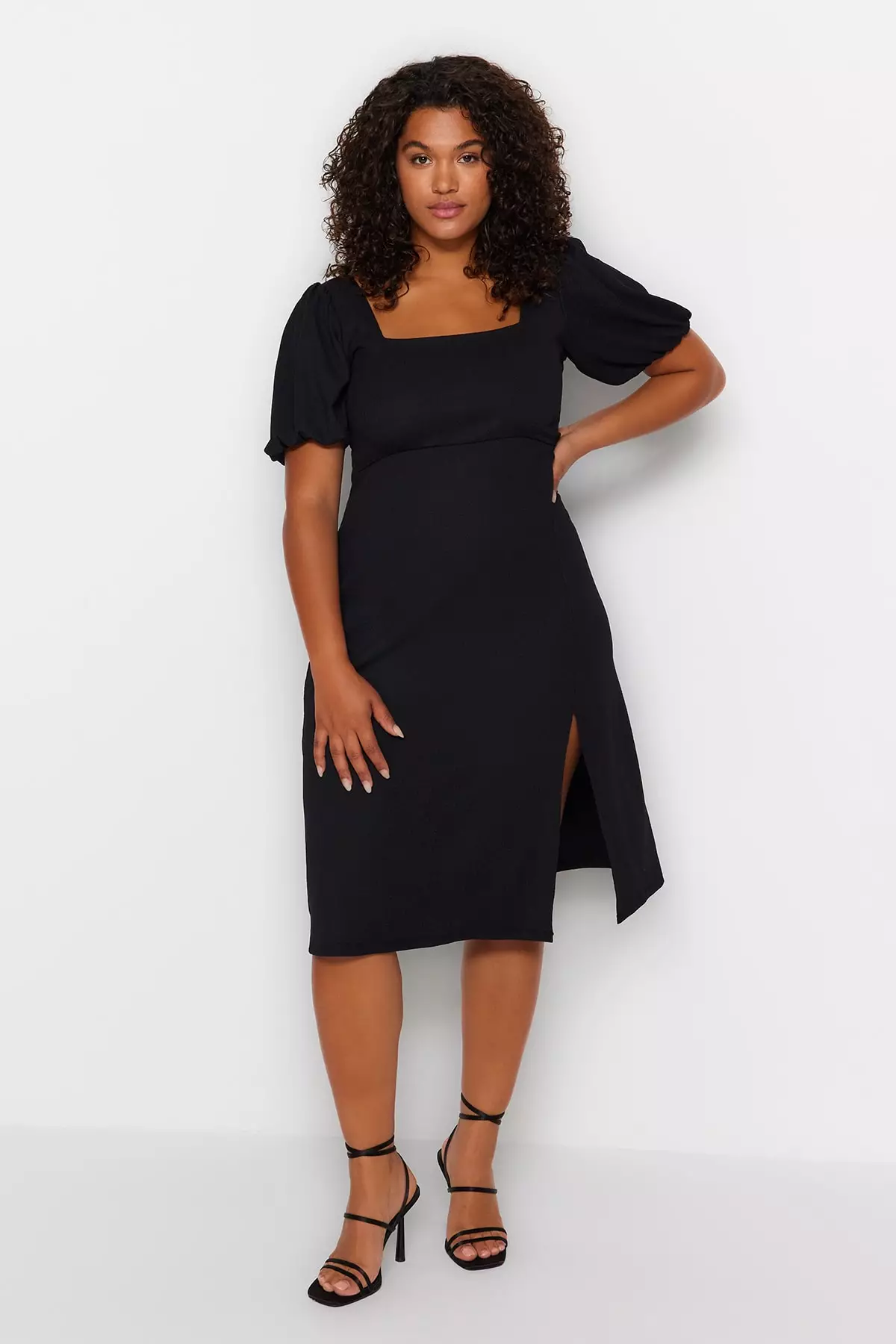 Square Neck Black Midi Cocktail Dress With Sleeves The Black
