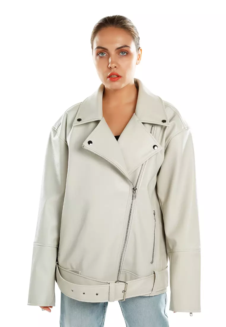 Jaket Biker Besar Berikat Pinggang Warna Batu