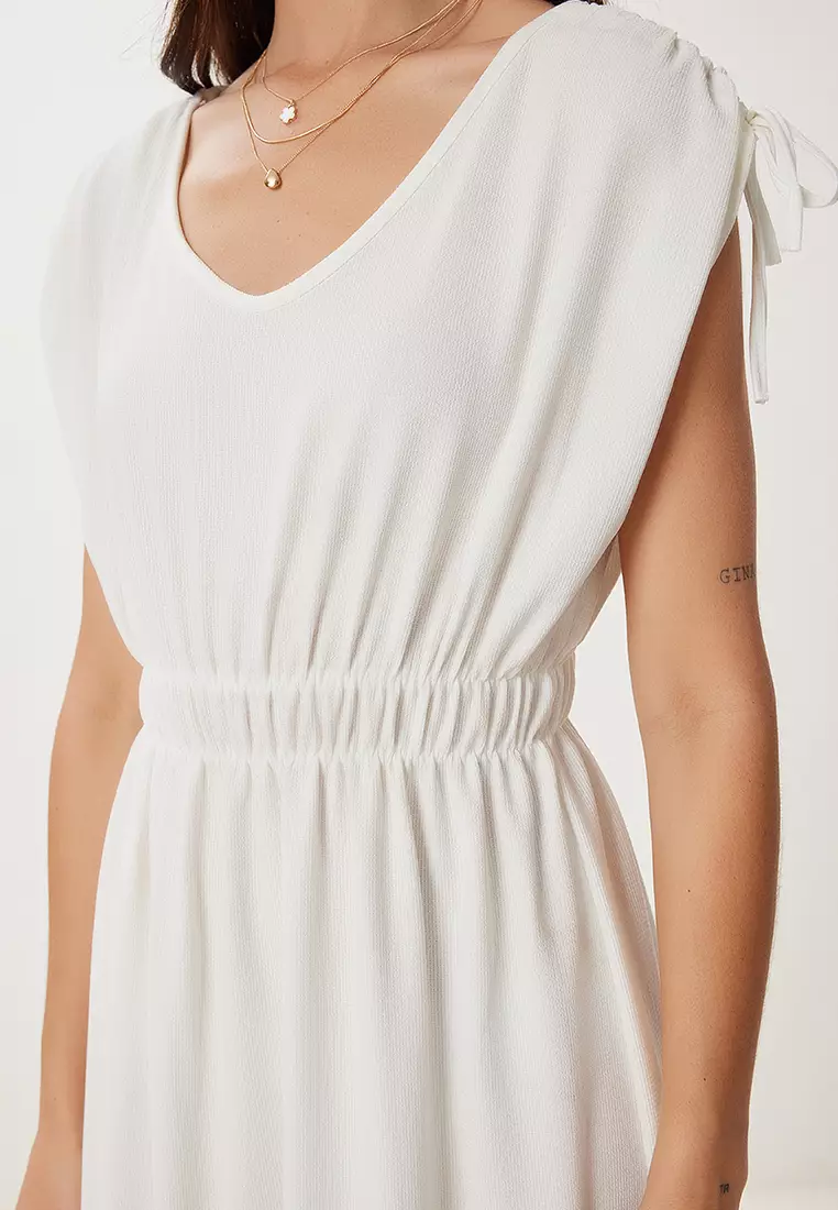 Women's Ecru Flounced Summer Midi Crinkle Knitted Dress Zv00333