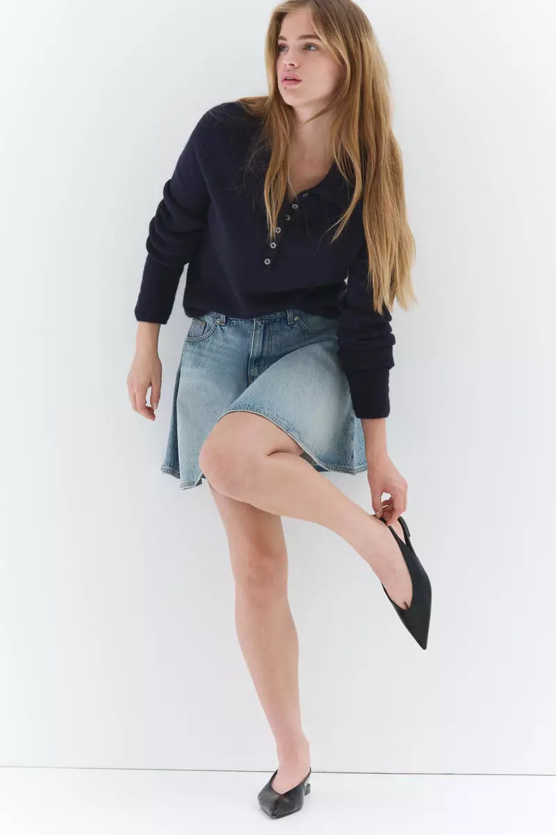 Flared denim mini skirt