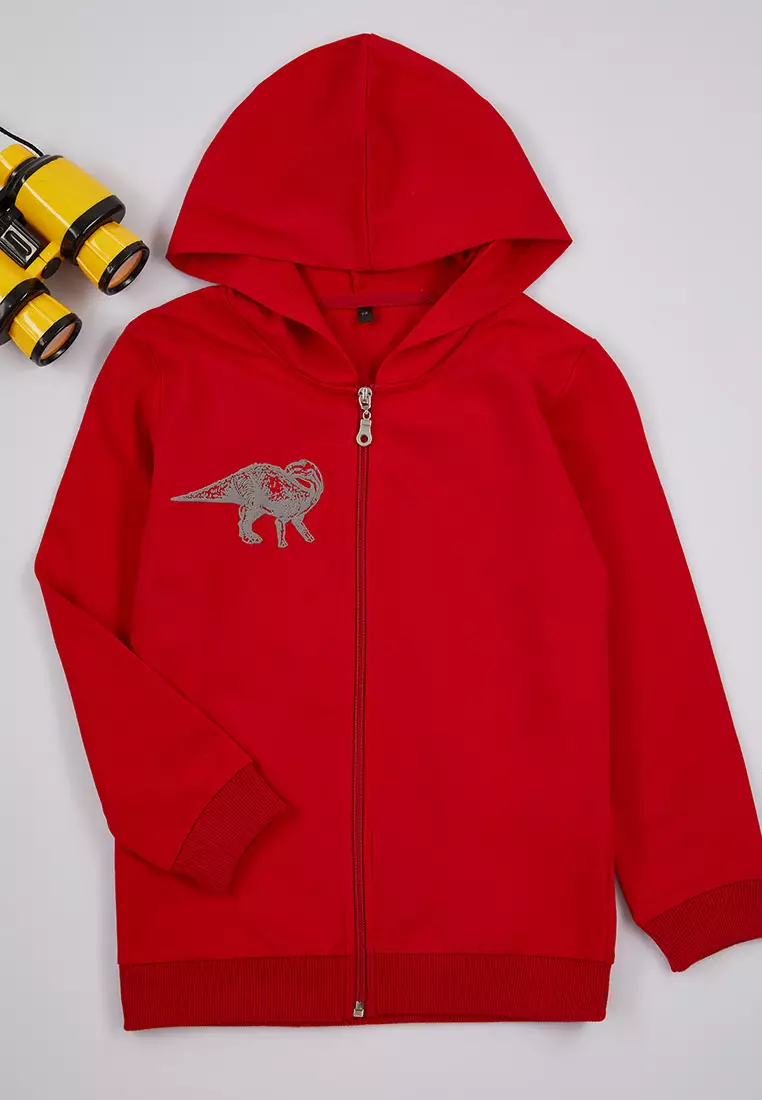 男童紅色針織外套 - 印花、連帽、拉鍊 Tkdaw25Hi00003