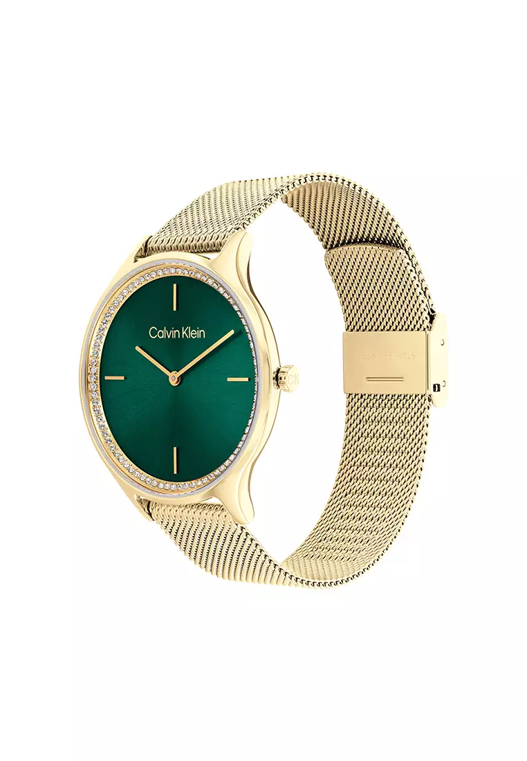 Women's Ionic Thin Gold Plated Steel Mesh Bracelet And Dark Green Dial Quartz Watch - CK25100005