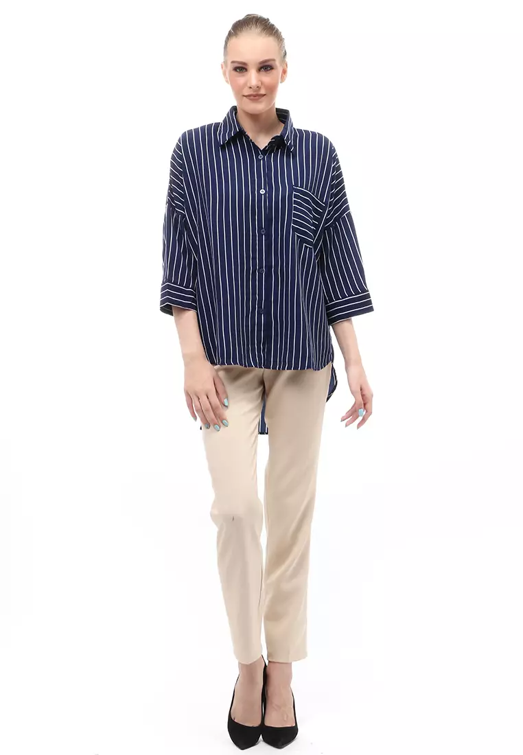 Shirt Salur Lengan Panjang Atasan Wanita Casual Front Button Opening - Navy