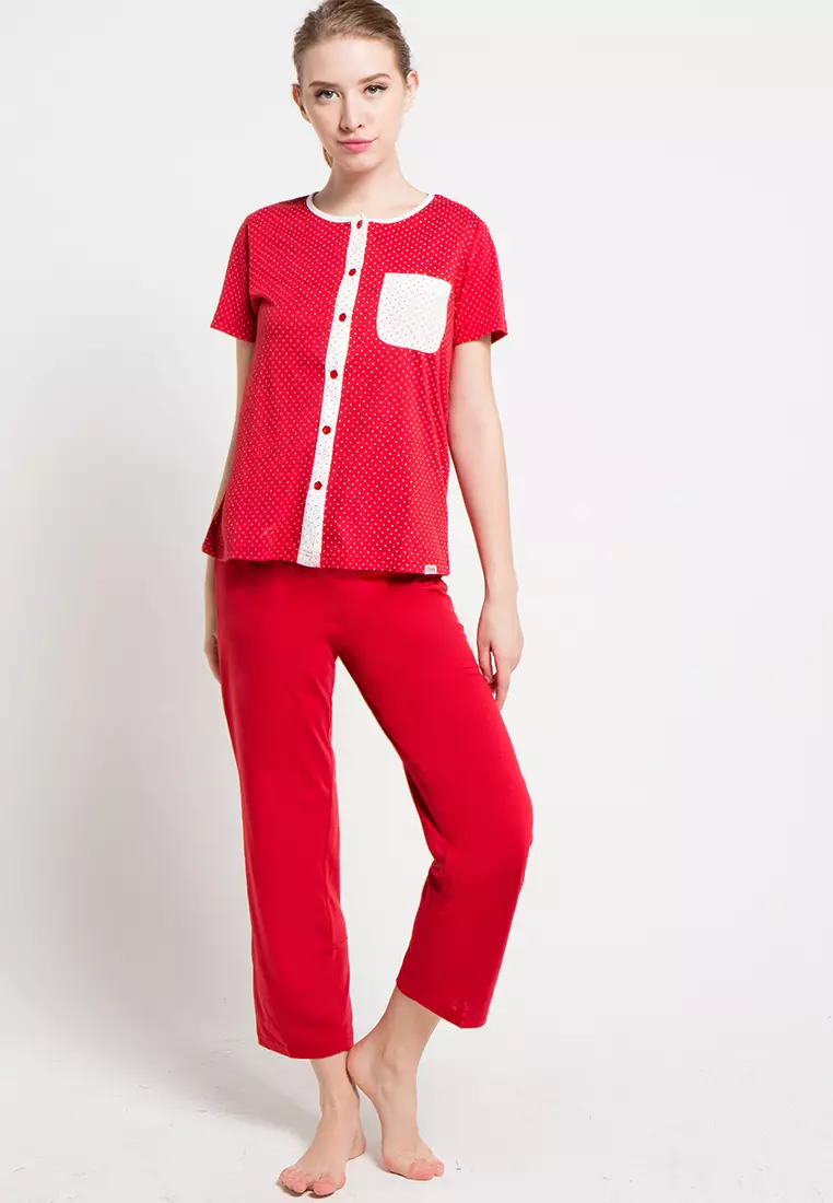 Short Sleeve Long Pants Print Polkadot Sleepwear