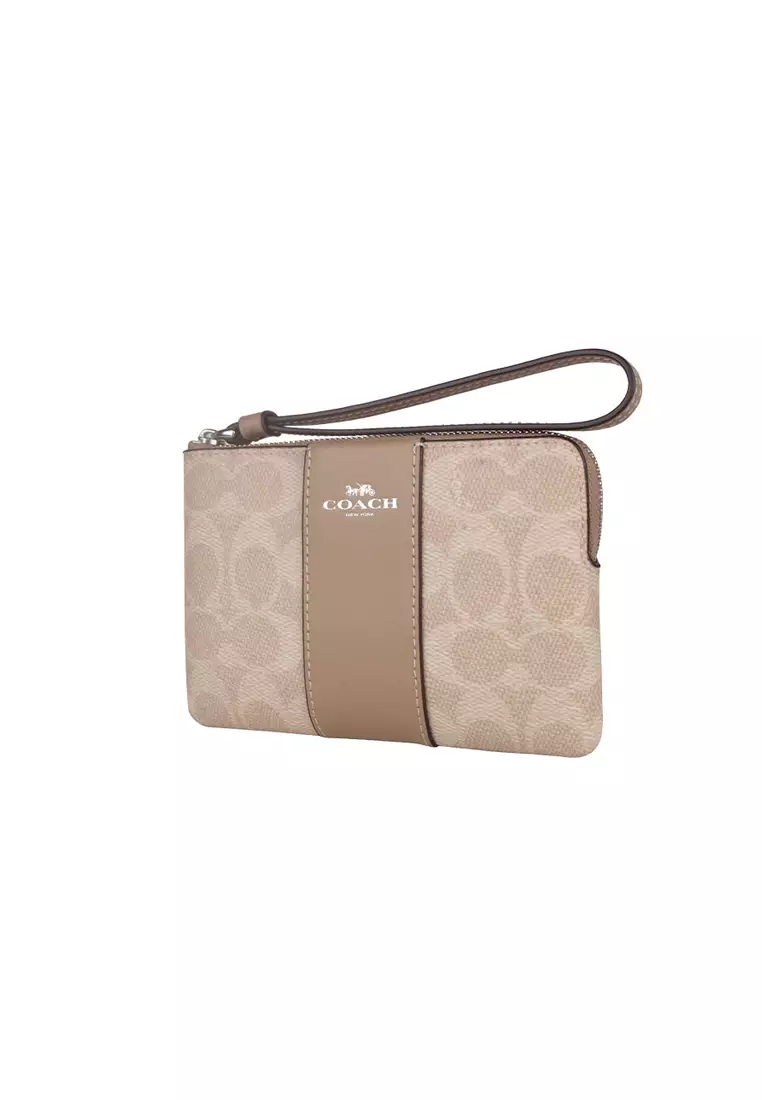 Corner Zip Wristlet In Signature Canvas With Stripe  In Sand Taupe CW854SVPWH