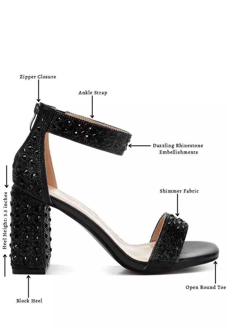 Rhinestones And Sequins Block Sandals in Black
