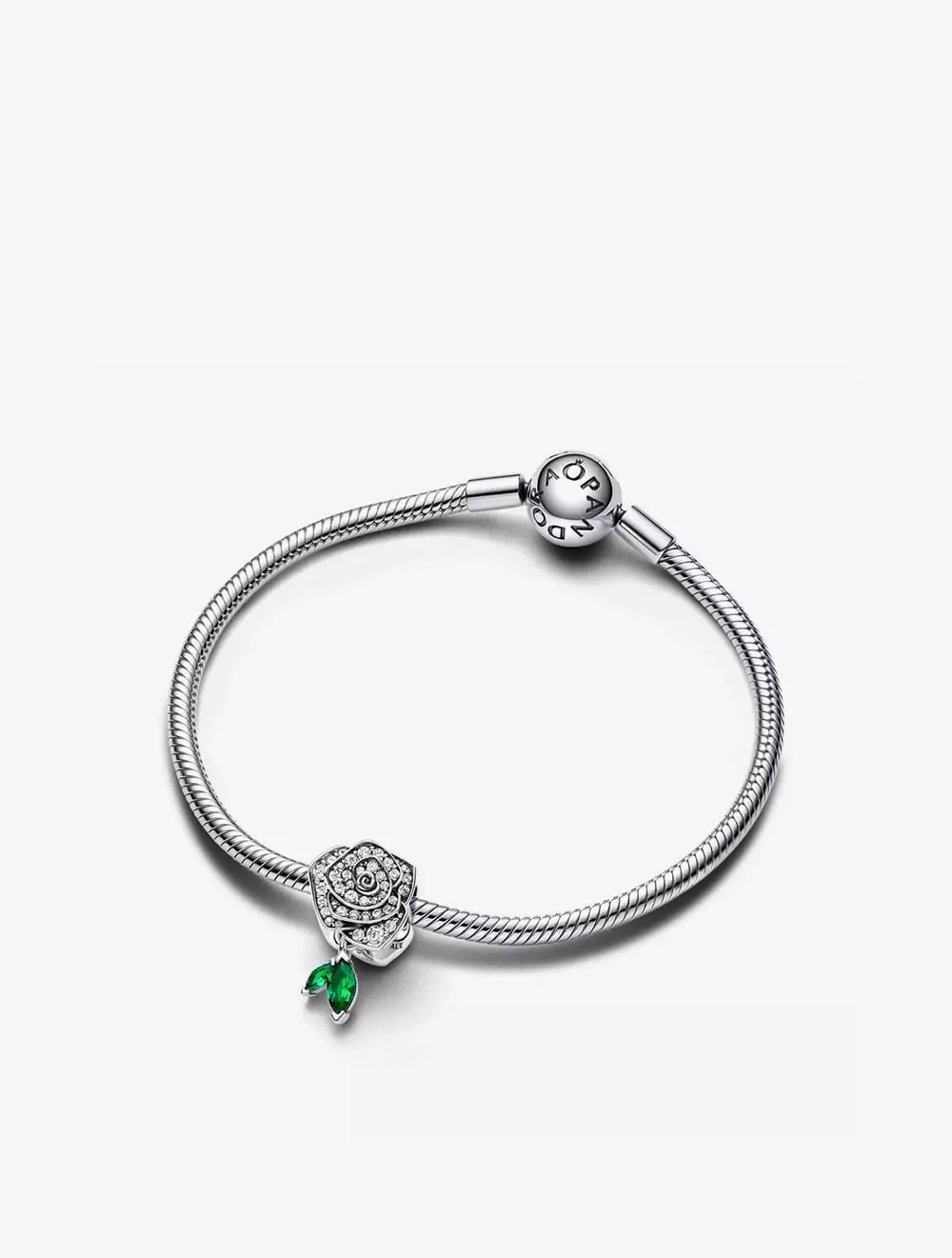 Rose sterling silver charm with clear cubic zirconia and green stone