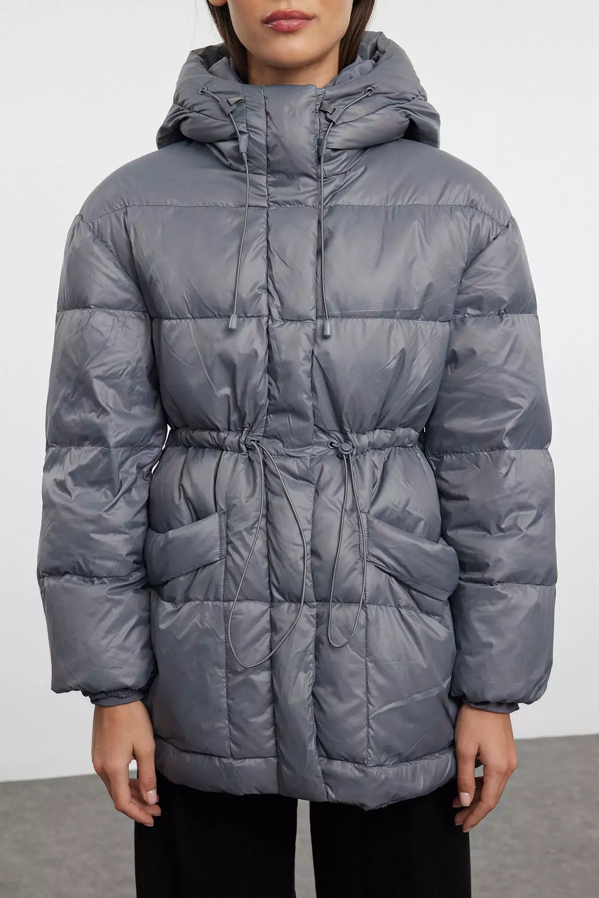 Grey Oversize Hooded Goose Down Puffer Jacket TWOAW25MO00111