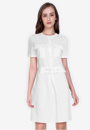 ZALORA WORK white Short Sleeves Pleated Detail Dress 9DD2EAA188311FGS_1