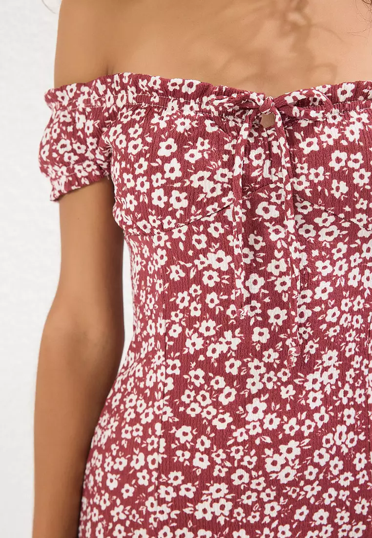 Burgundy Floral Carmen Collar Skater/Waist Open Ribbed Flexible Mini Knit Dress TWOSS25EL00472
