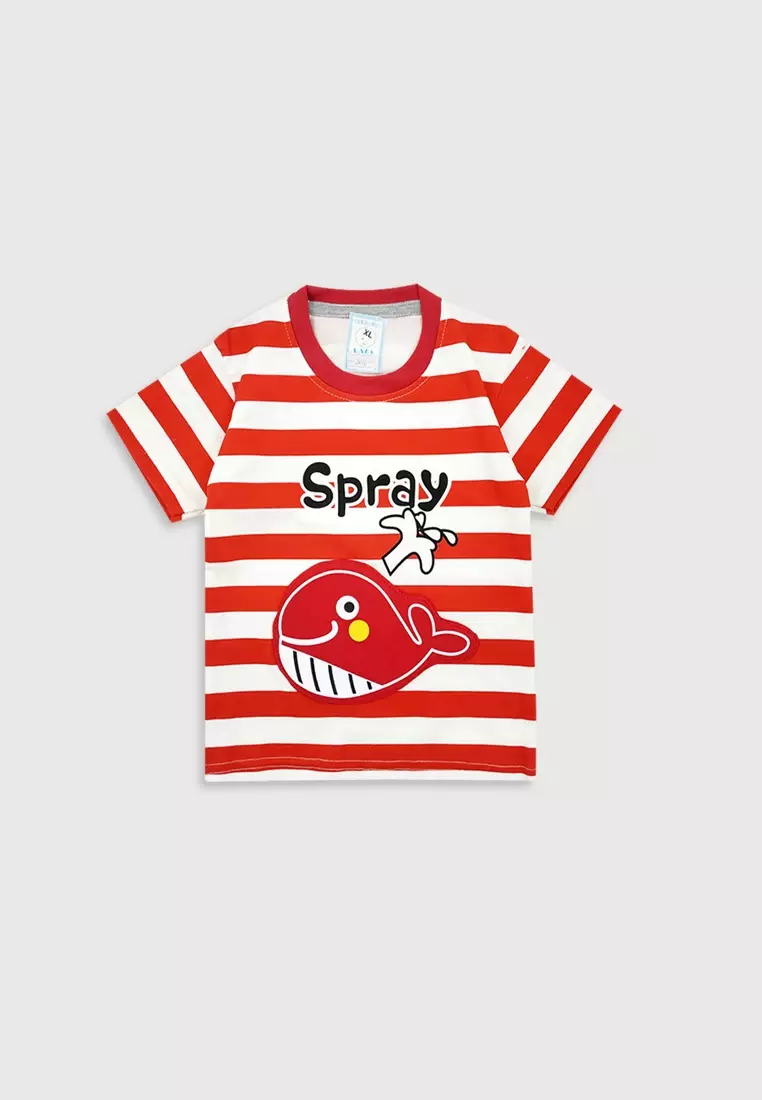Wakakids Setelan Anak Laki Laki Celana Jeans Spray Whale Stripe 3498 Merah