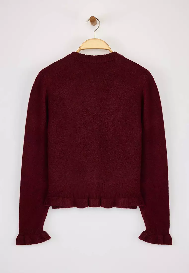 Burgundy Button Detailed Soft Textured Knitwear Cardigan