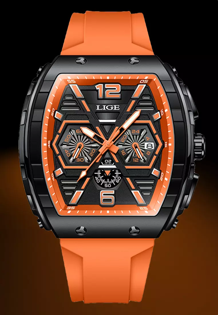 男女通用酒桶形 IP 橡膠錶帶黑色石英手錶