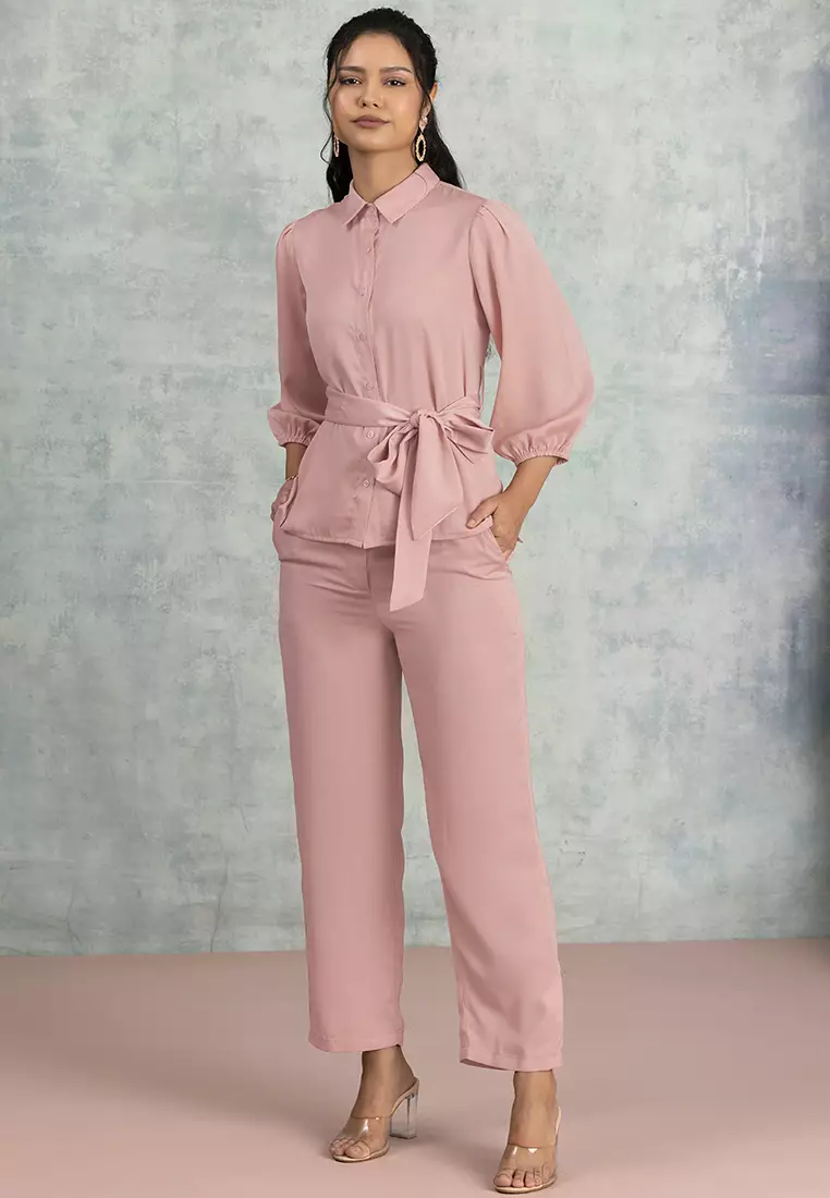 Light Pink Collared Shirt With Pants And Belt Co-ord Set