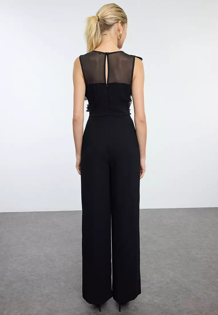 Black Tulle Detailed Woven Jumpsuit TPRAW25TU00000