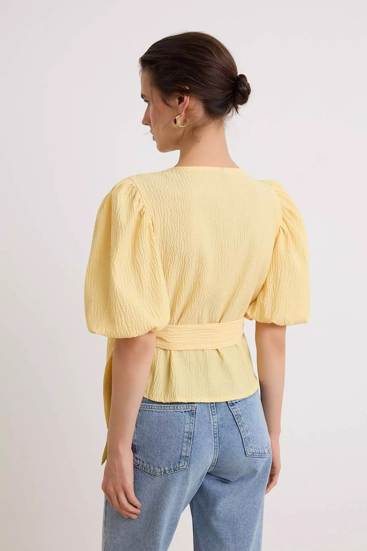 Yellow Wrap-Around Blouse with Tie Detail and Wavy Fabric Woven Design