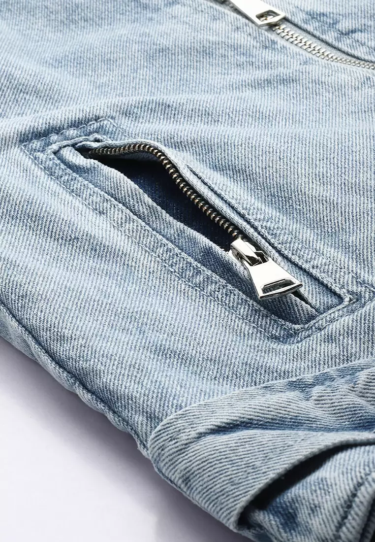 Light Wash Biker Jacket In Blue