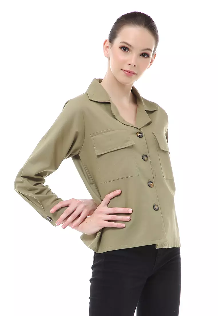 Brielle Atasan Wanita Kemeja Pocket Plain Motive Lengan Panjang Material Linen ORIGINAL - Sage Green