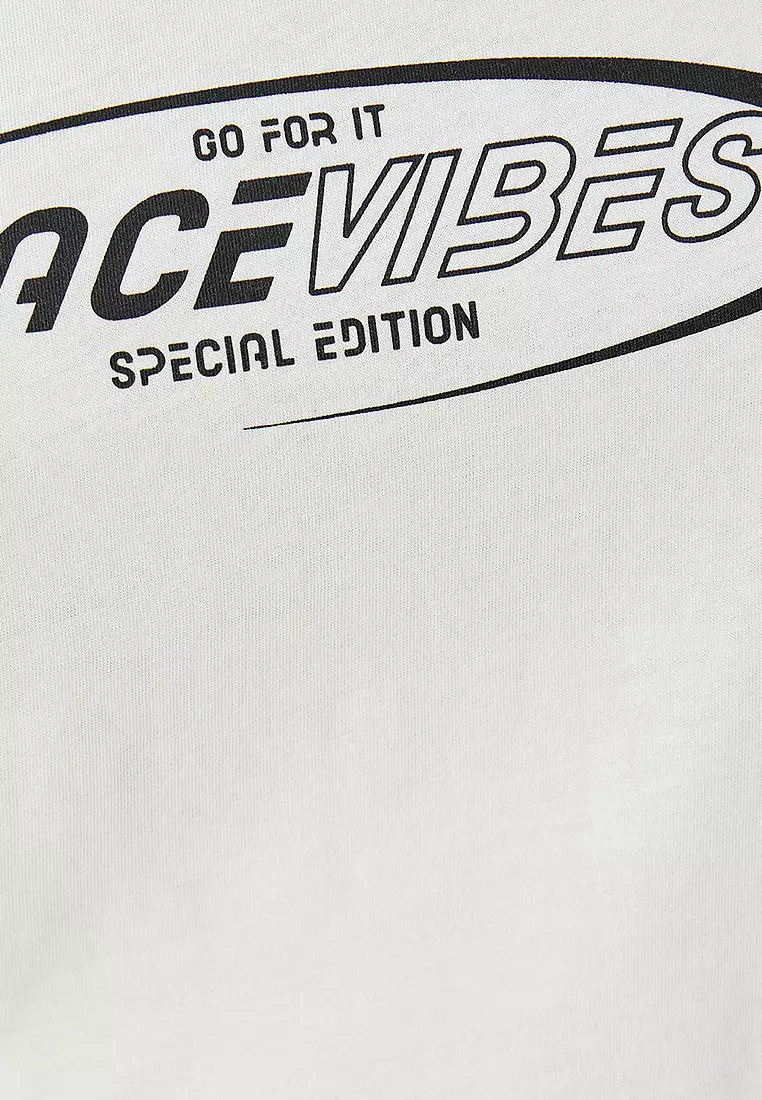 Crop Printed Bias Crew Neck Short Sleeve Cotton T-Shirt