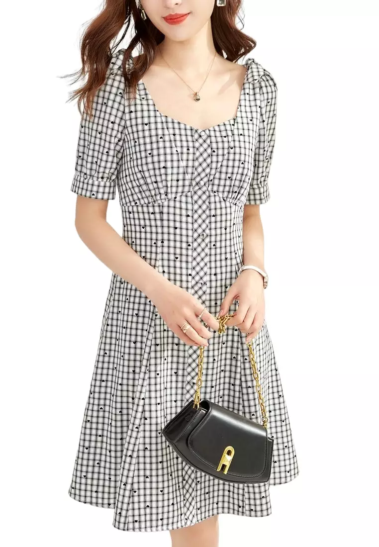 Square neck check dress shop