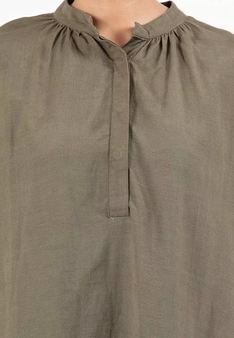Forest Ladies Linen Oversized Band Collar Plain Blouse Women Long Sleeve Tunic | Baju Perempuan - 822391-48Olive