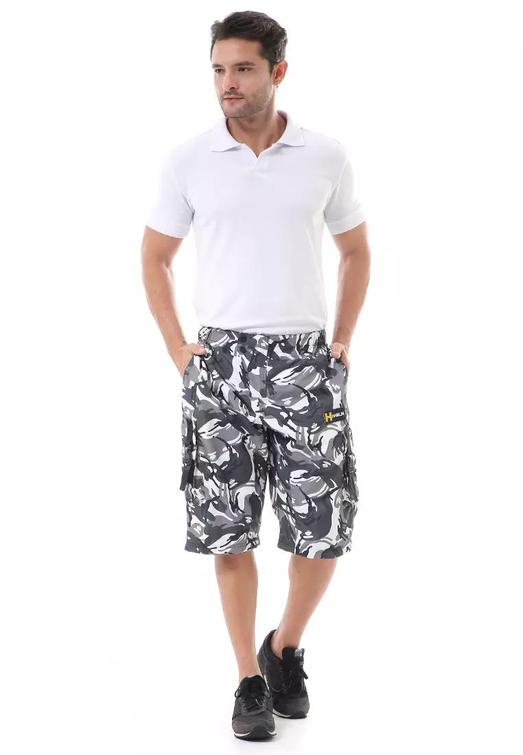 Grissham Celana Cargo Pendek Pria Short Pants Kasual Motif Loreng Material Parasut ORIGINAL - White