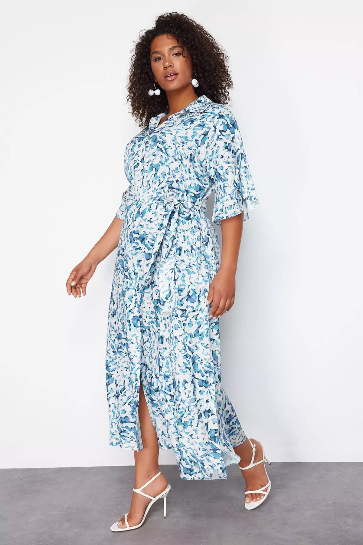 White-Blue Shally Woven Plus Size Dress