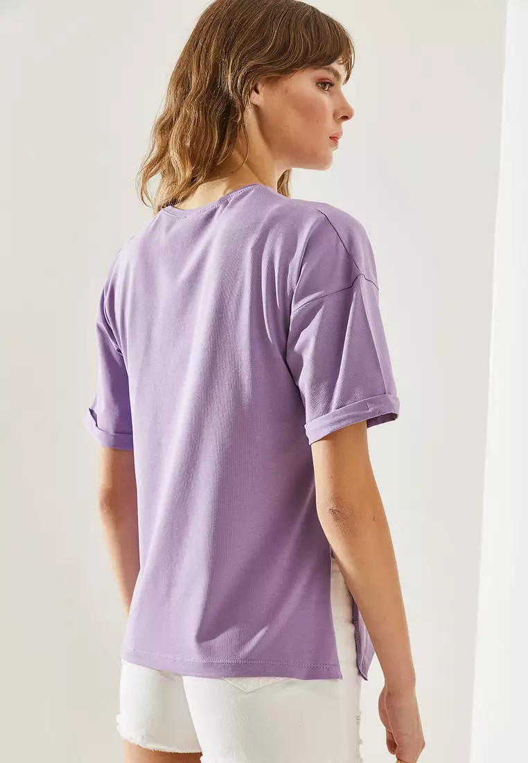 Side Slit Sleeve Folding Detailed Crew Neck Short Sleeve Basic T-Shirt