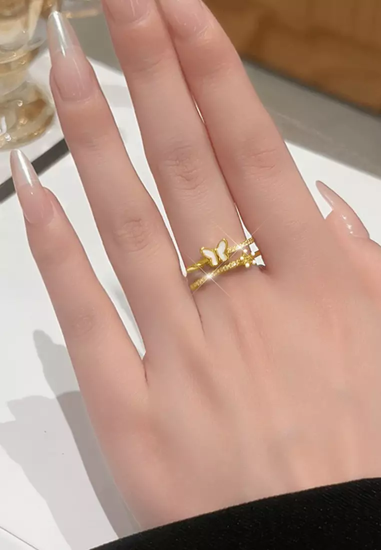 Cincin Wanita Titanium Korea Elegan Perhiasan Cewek Butterfly Flower Rings Original