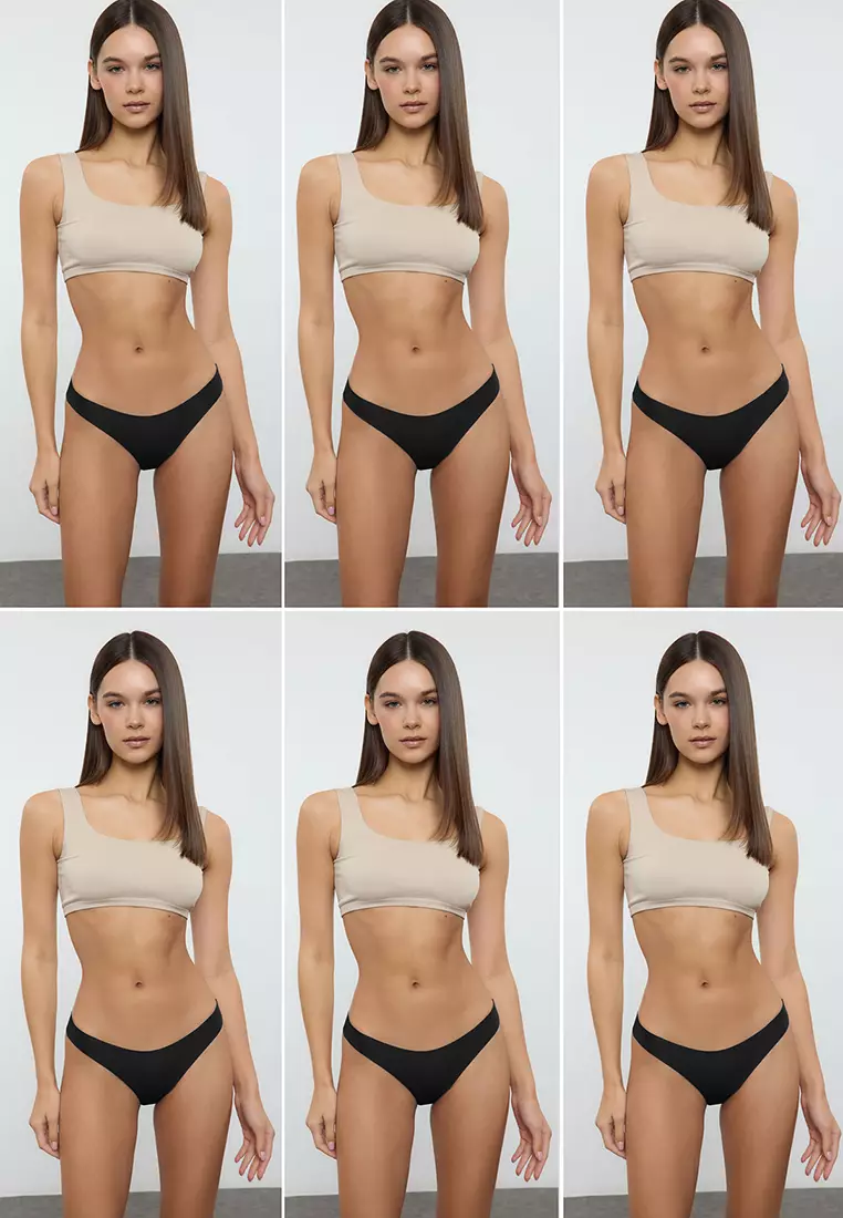 Black 6-Pack Micro Seamless/Non-Trace Laser Cut Thong Knitted Panties THMAW25KU00039