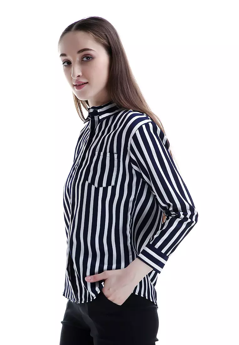 Carmel Long Shirt Motif Pattern Dual Tone Color Woman Design Chic - Navy