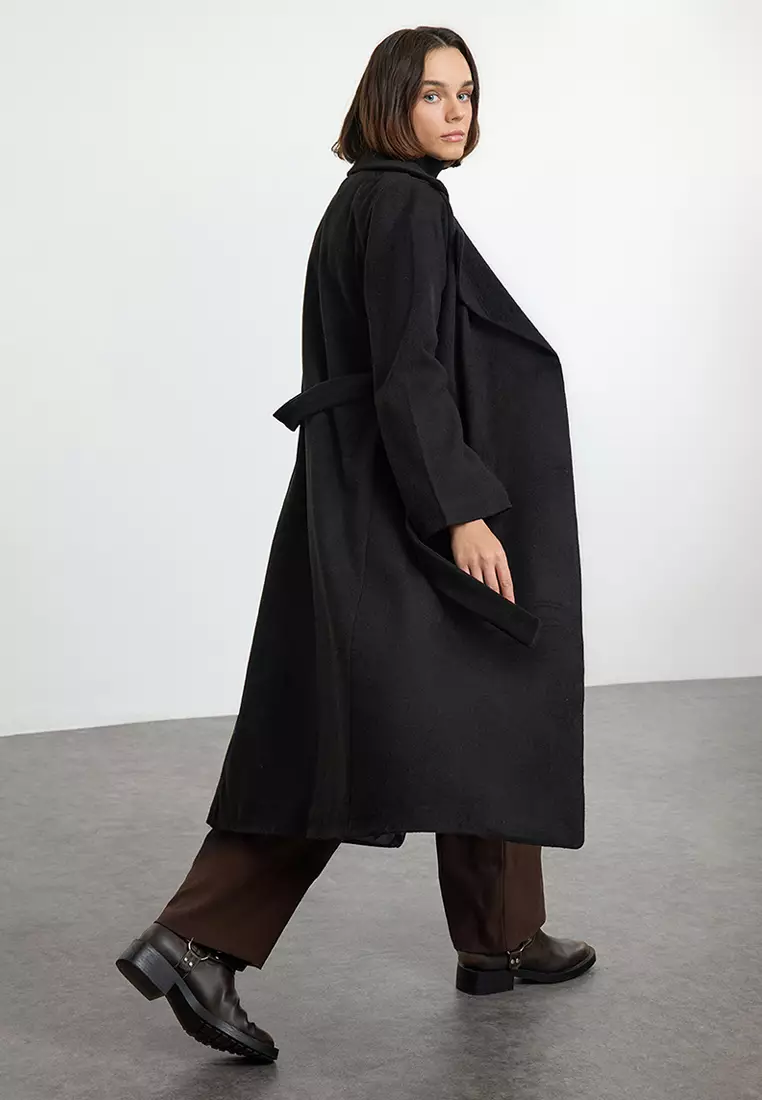 Black Belted Regular Wool Long Coat Formal Lined Coat TWOAW25KB00100