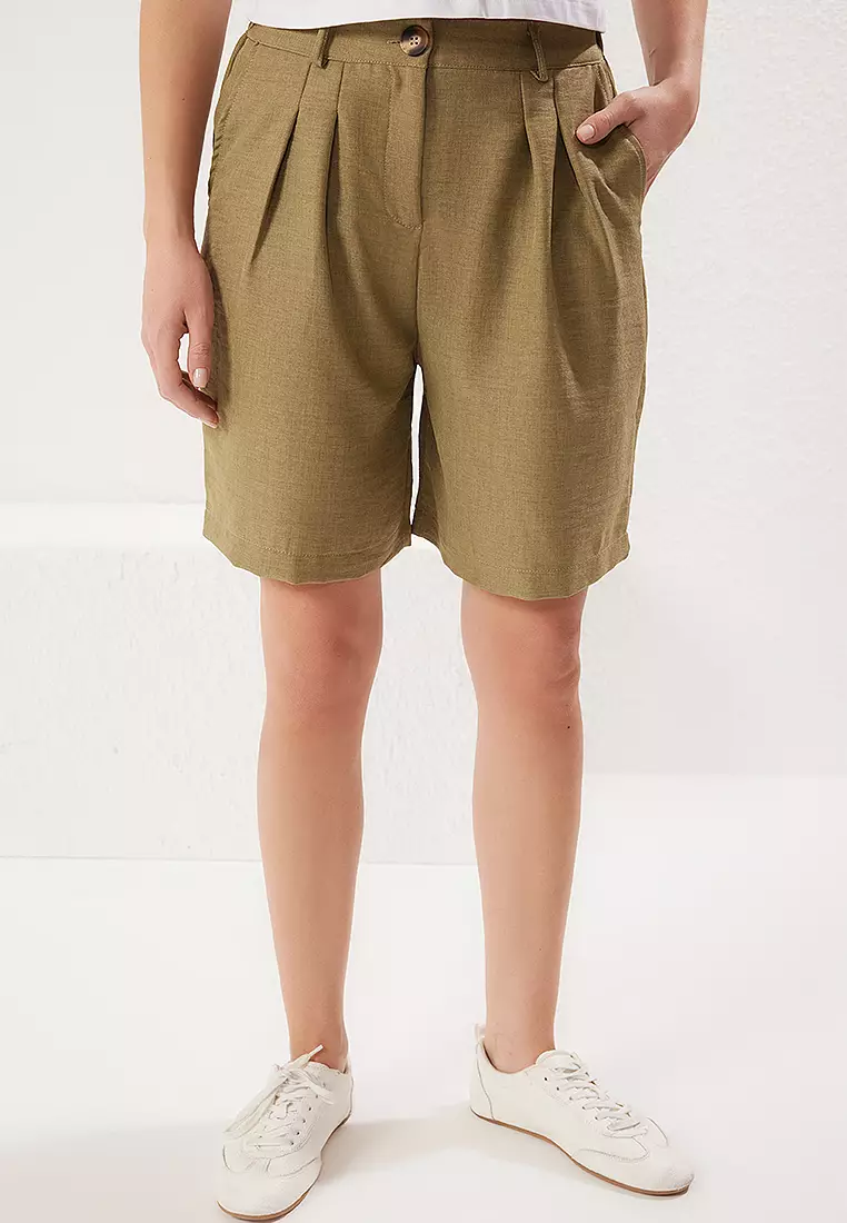Oil Green High Waist Linen Look Wide Leg Shorts Woven Shorts