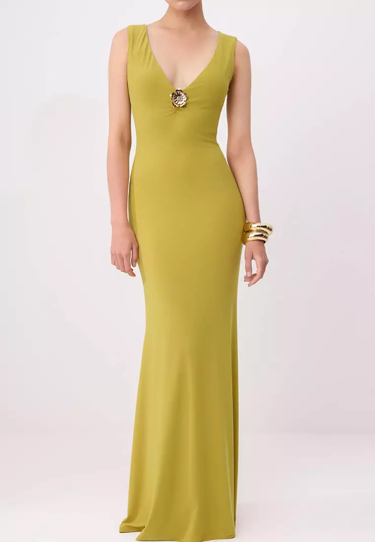 Oil Green Plain Straight Cut Accessory Detail Knitted Sandy Maxi Evening Dress & Graduation Dress