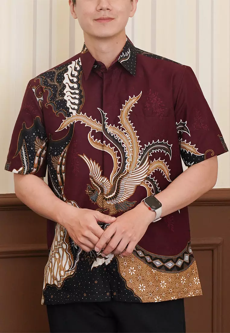 Enzy Batik Essential Kemeja Batik Pria Lengan Pendek Adinata - Burgundy