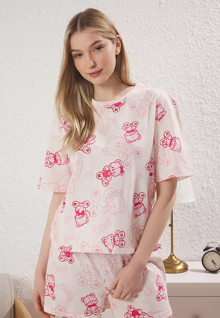 Pink Teddy Bear Shorts Knitted Pajamas Set