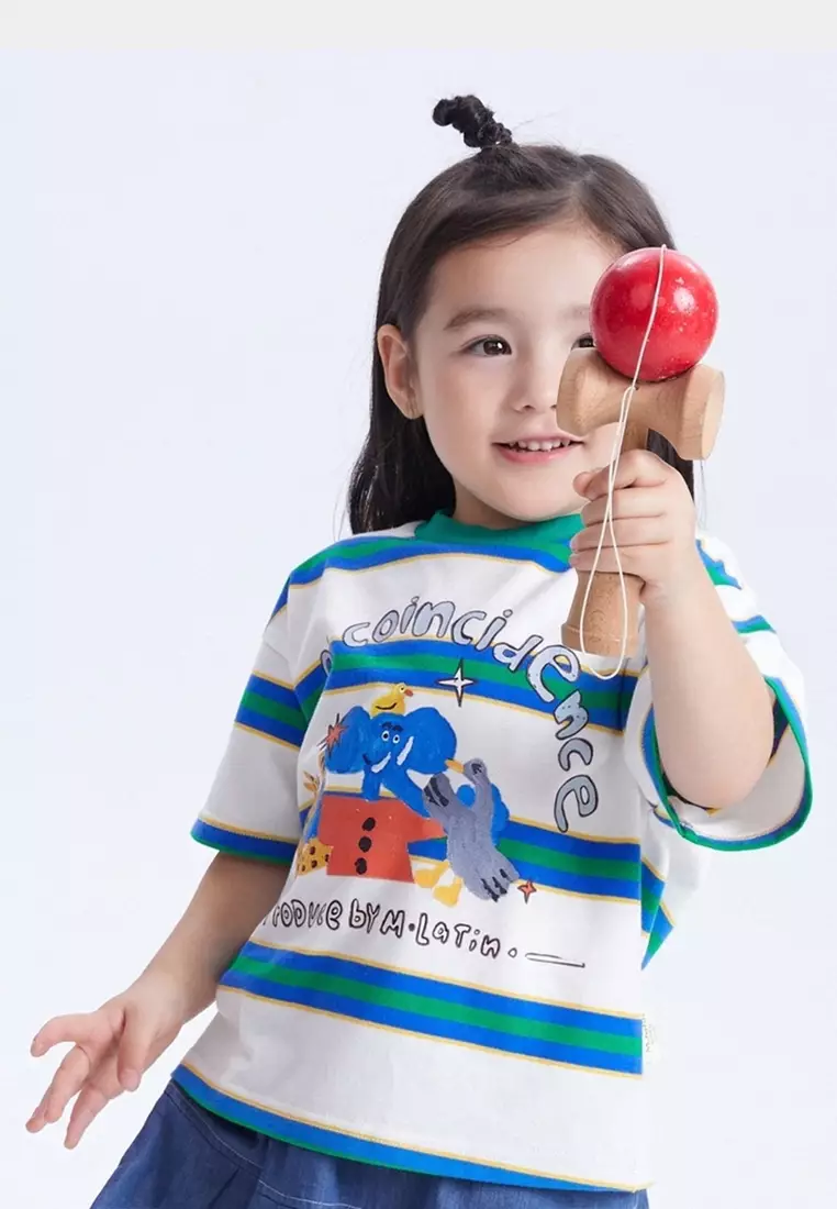 男小童趣味艺术家图案色织条纹面料短袖T恤