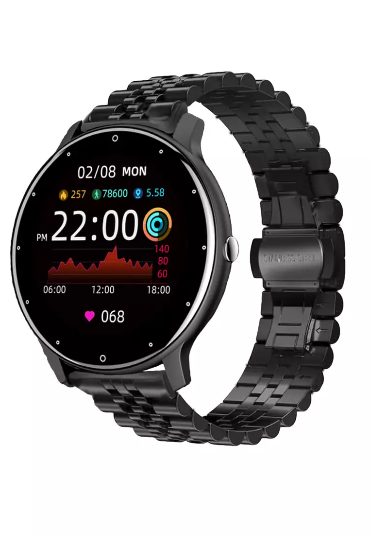 Unisex IOS/Android Black SmartWatch with Stainless Steel Bracelet + 1 Free Black Rubber Strap