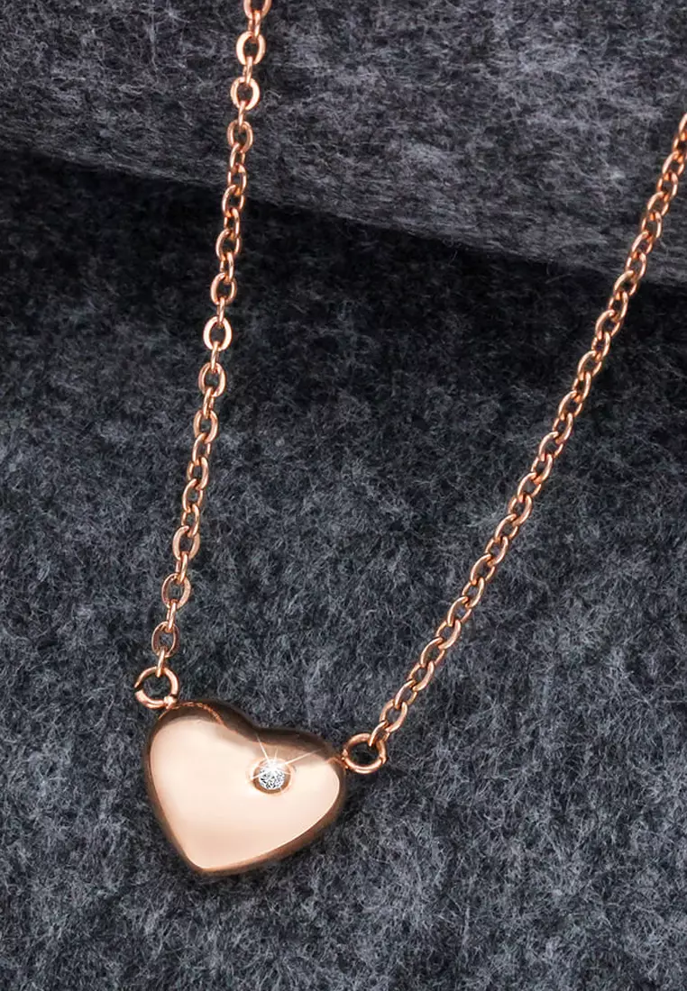 Puffy Heart Necklace in Rose Gold Plated Titanium with Genuine 0.01ct Diamond