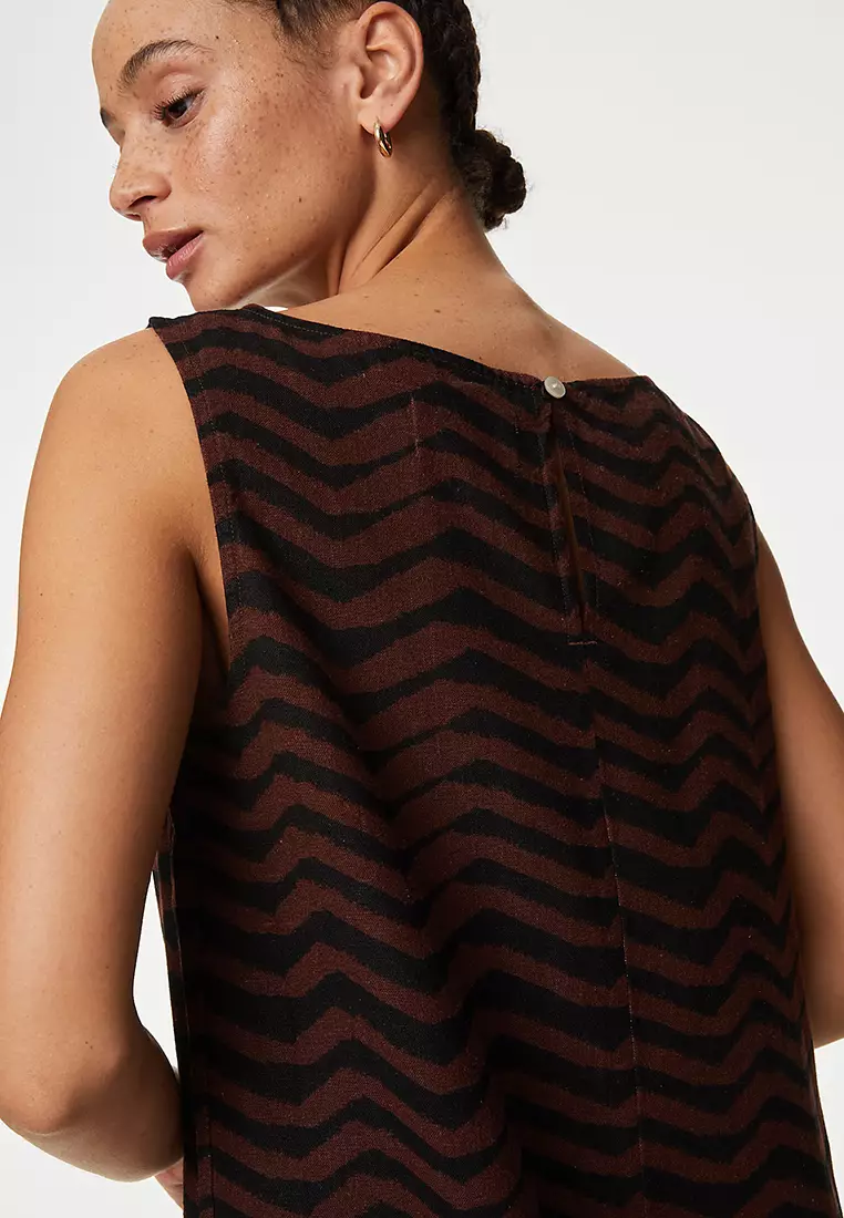 Linen Rich Printed Round Neck Shift Dress