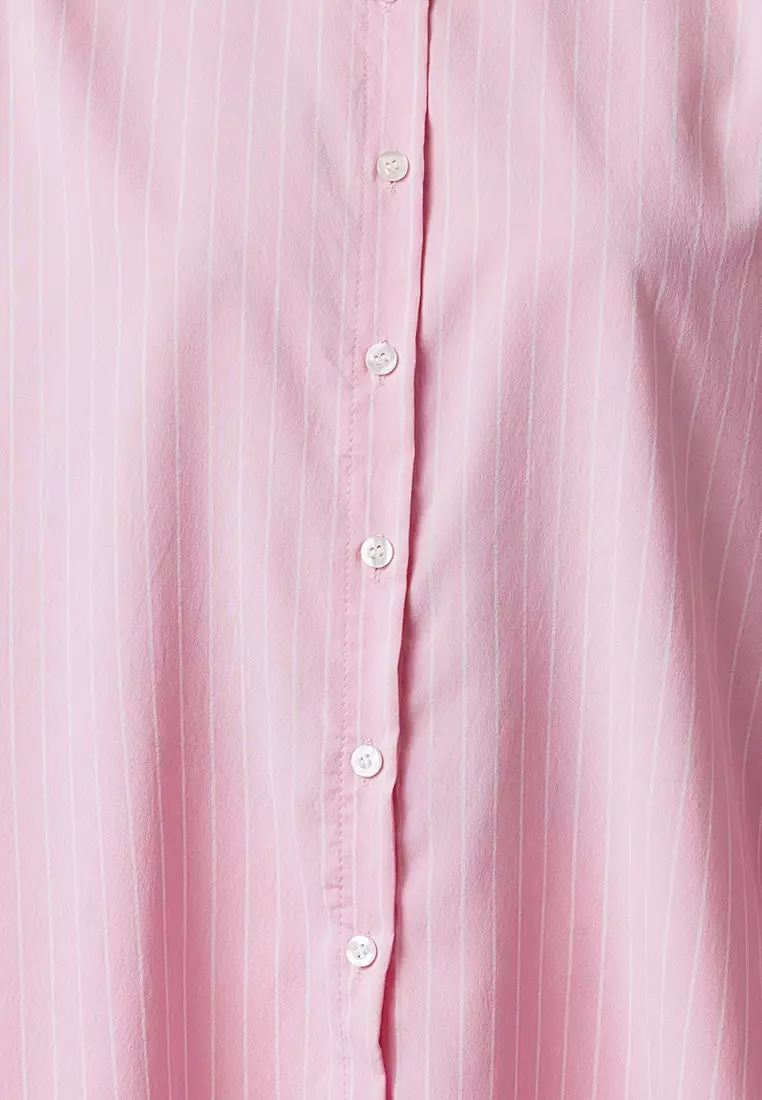 Pink Striped Balloon Sleeve Cotton Woven Shirt TCTSS24TG00072