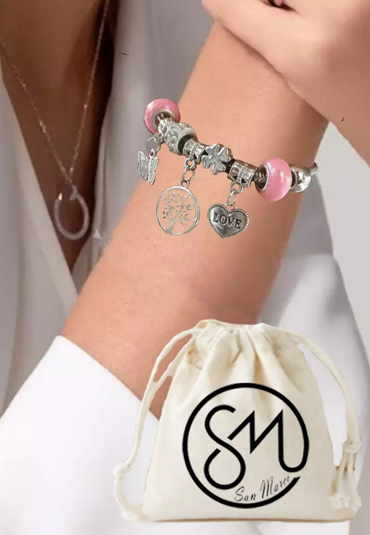 Accessories Wanita Tree Heart Pomora Charm Bracelet Gelang Wanita Silver, Pink