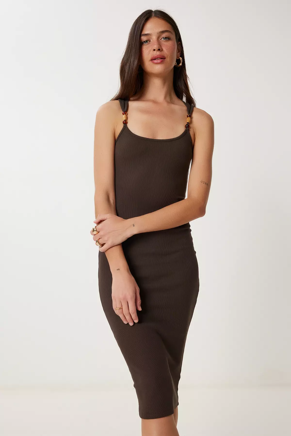 Women's Brown Beaded Ribbed Knitted Dress Ns00412