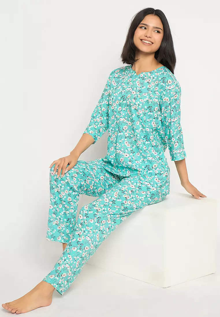 Clovia Floral Print Top & Pyjama Set in Sky Blue - Rayon