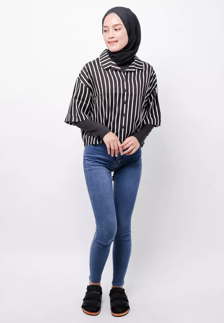 FTA57 Lkm Kemeja Oversize Wanita Tangan Pendek Tripe Putih Hitam
