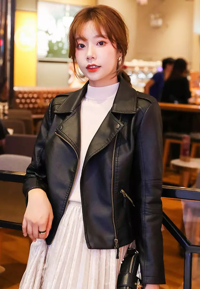 Black Notched Collar PU Jacket A120209
