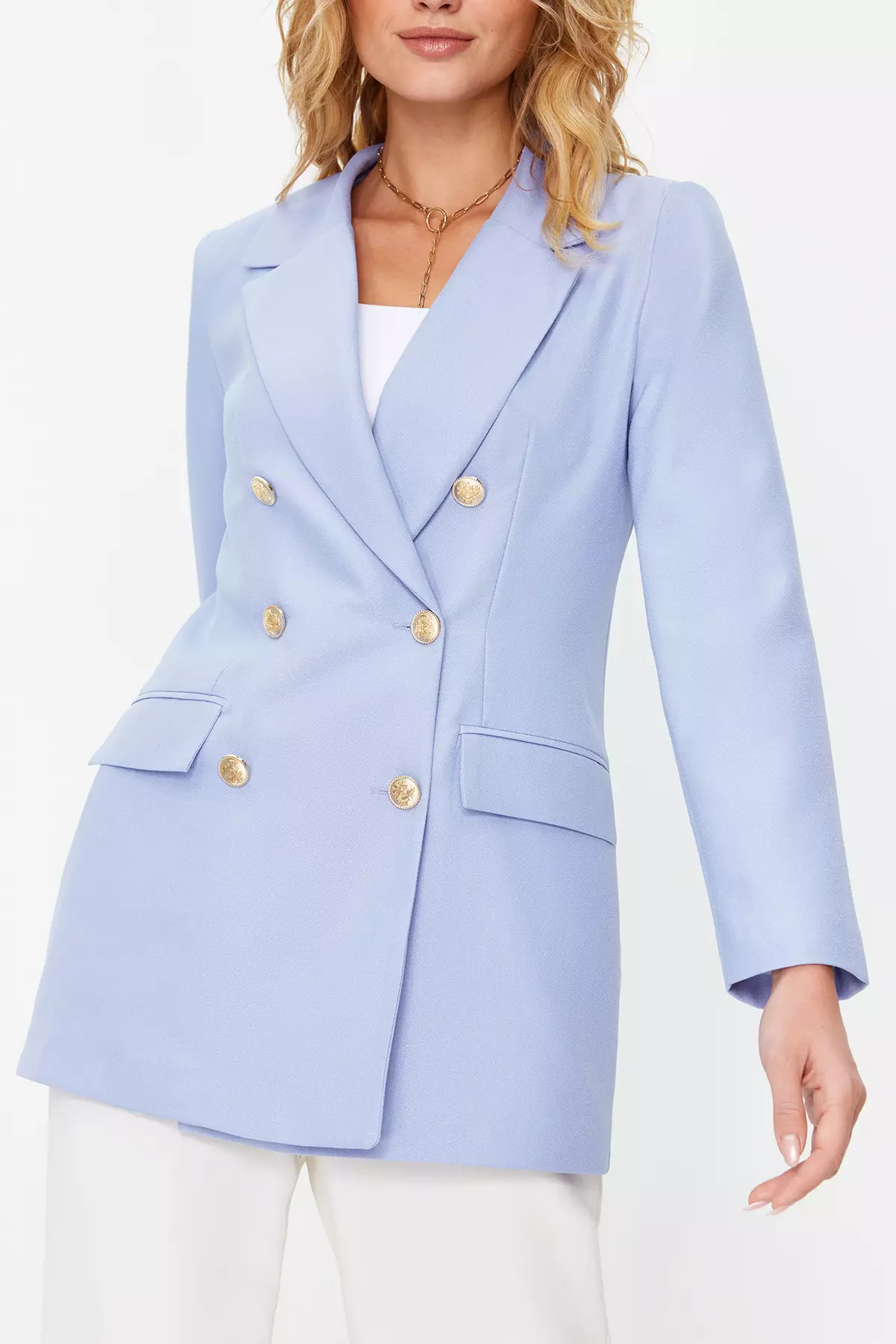 Light Blue Oversize Lined Double Breasted Closure Blazer Jacket
