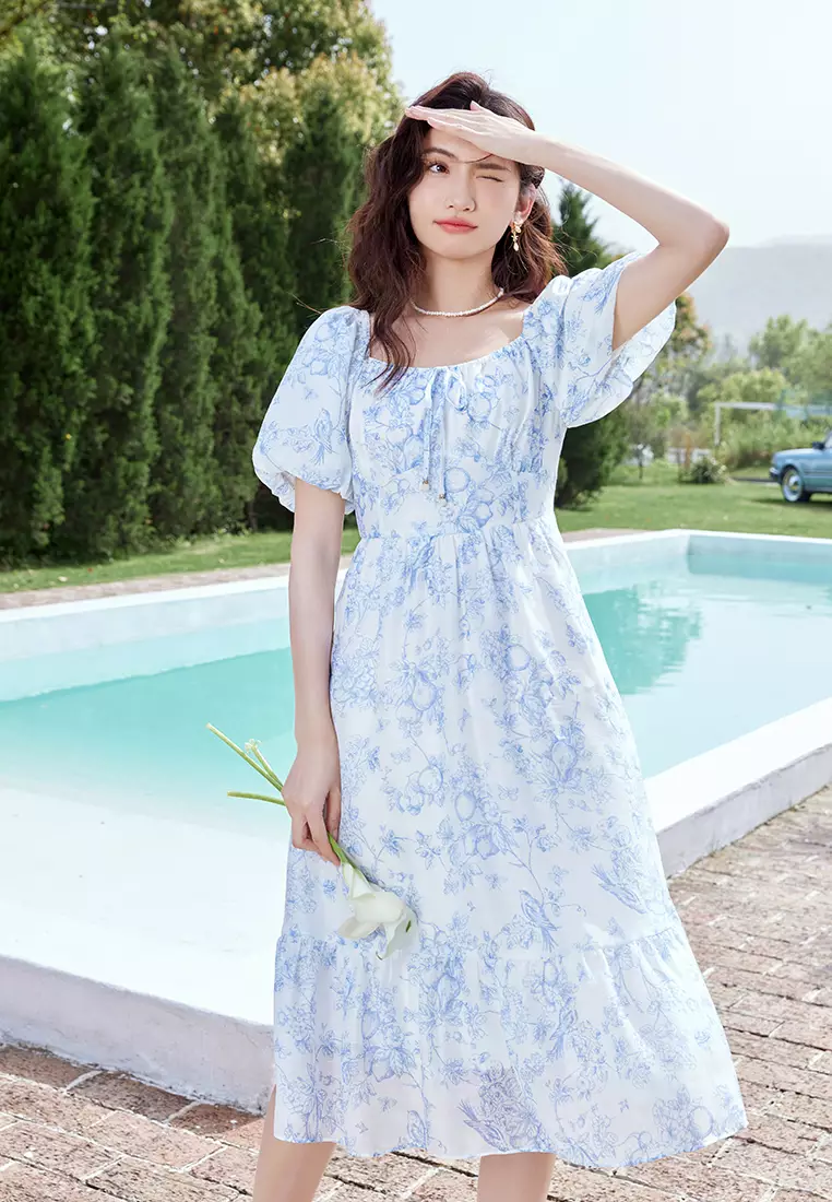 Square Neck Puff Sleeve Blue Floral Summer Dress