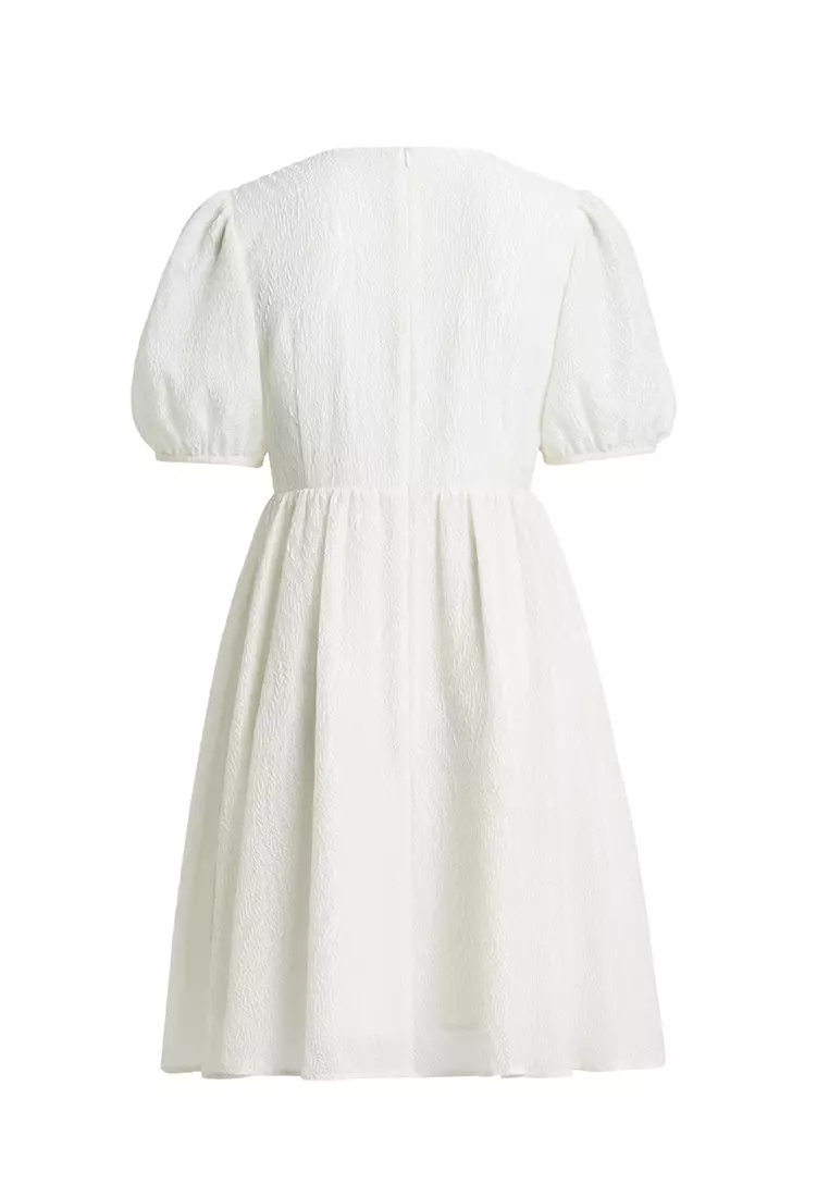 Puff Sleeve V-Neck Bridesmaid Dress with Stitching Artwork